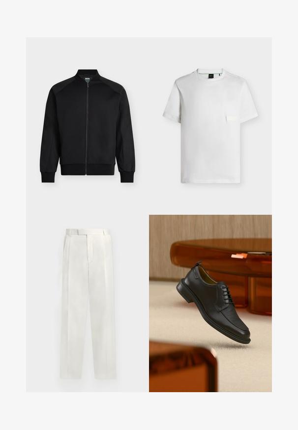 Veste bomber noire zippée avec poignets et taille côtelés, design sans col et panneaux subtils aux épaules, en tissu lisse.; T-shirt blanc uni à manches courtes et col rond avec un petit patch rectangulaire sur la poitrine gauche et une étiquette noire à l'intérieur du col.; Pantalon blanc ajusté avec plis à l'avant, taille, passants de ceinture et fermeture frontale dissimulée, présenté sur un fond neutre.; Chaussure habillée noire en cuir à lacets avec devant texturé, flottant au-dessus d'un tapis beige dans une pièce moderne avec des meubles teintés d'ambre.