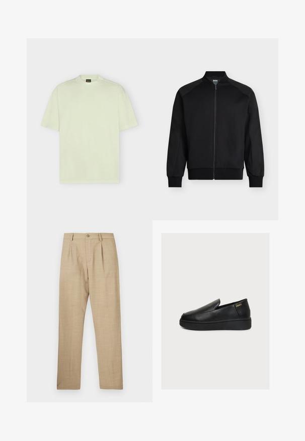 Veste bomber noire zippée avec poignets et taille côtelés, design sans col et panneaux subtils aux épaules, en tissu lisse.; T-shirt uni vert clair à manches courtes et col rond avec une petite étiquette BOSS noire et orange sur le col.; Pantalon beige ajusté avec fermeture à boutons et fermeture éclair, passants pour ceinture et plis plats à l'avant, présenté à plat sur un fond blanc.; Chaussure plateforme noire en cuir à enfiler, avec une semelle épaisse et un petit logo doré "HUGO" près du talon sur un fond clair uni.