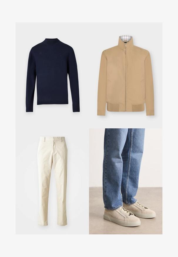 Beige jakke med lynlås, høj krave og ribbet kant, med diskrete sidelommer og ternet foring på den inderste krave.; Mørkeblå strikket sweater med høj hals, lange ærmer og ribbede manchetter. Har et diskret brandlogo på brystet. Glat tekstur.; Lys beige skræddersyede bukser med et tekstureret mønster, lige pasform og medium høj talje, der har bæltestropper og ingen synlige lommer.; BOSS GARYTENN_SDHDEL - Sneakers - natural ten