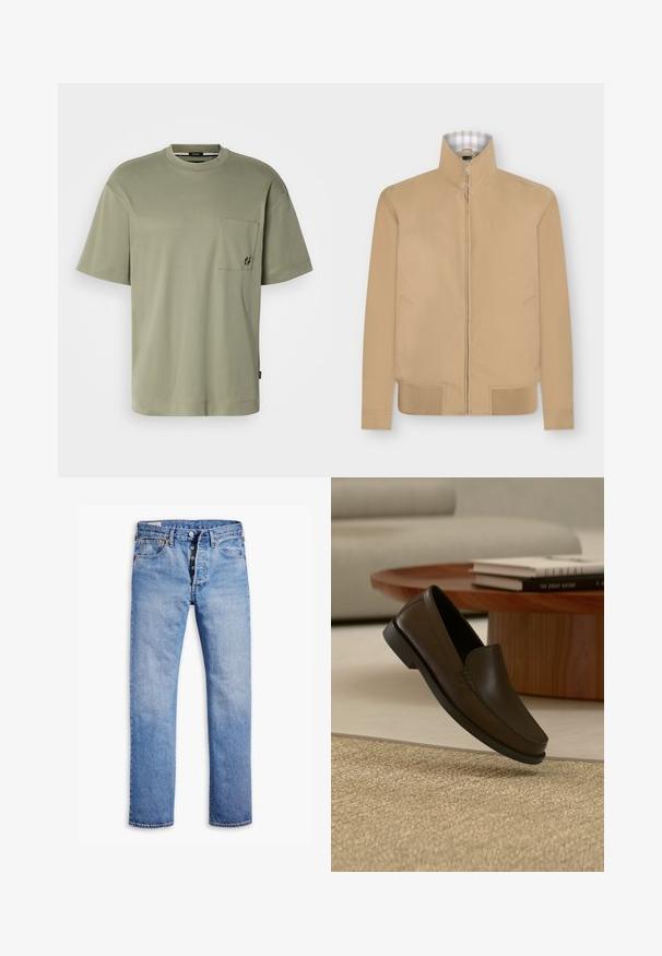 Beige jakke med lynlås, høj krave og ribbet kant, med diskrete sidelommer og ternet foring på den inderste krave.; Oliven grøn bomulds T-shirt med rund halsudskæring, korte ærmer og en brystlomme med et syet logo detaljer. Blød tekstur.; Lysblå denimjeans med lige ben, fem-knaps lukning, bæltestropper og subtilt slid. Har to forlommer og kobbernitter.; Mørkebrune lædermokkasiner svæver over et beige vævet tæppe med et rundt træ-sofabord og bøger i baggrunden.