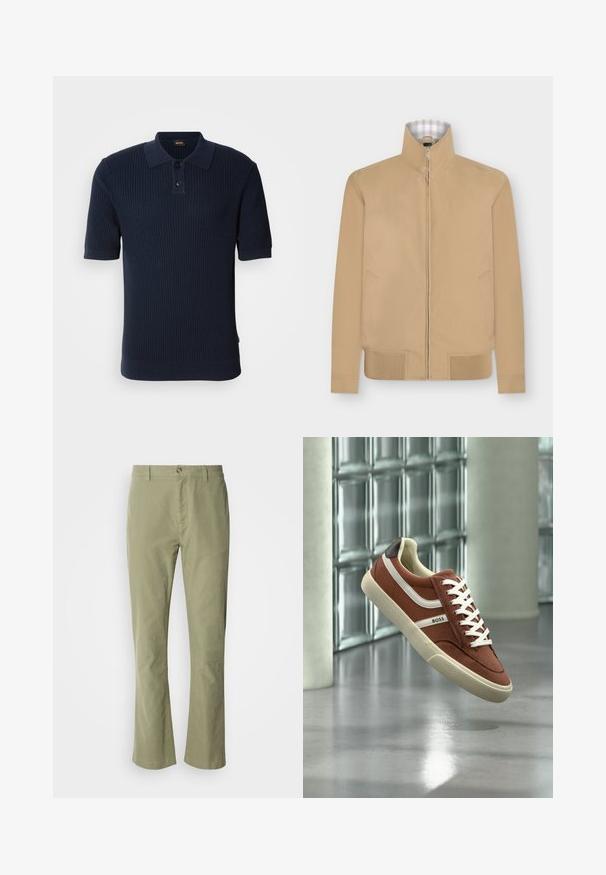 Beige Jacke mit Reißverschluss, hohem Kragen und geripptem Saum, mit dezenten Seitentaschen und kariertem Innenkragenfutter.; Dunkelblaues, geripptes Polohemd mit einer Knopfleiste mit zwei Knöpfen, kurzen Ärmeln und einem flachen Kragen. Der Stoff hat eine strukturierte Oberfläche und eine taillierte Silhouette.; Helle grüne Baumwollhose mit geradem Bein, ausgestattet mit einem Knopfverschluss vorne und subtiler Textur. Keine sichtbaren Muster oder Akzente.; Braun-weißer Sneaker in niedriger Ausführung mit weißen Schnürsenkeln und „BOSS“-Logo, vor einer modernen Glasblockwand und poliertem Boden präsentiert.