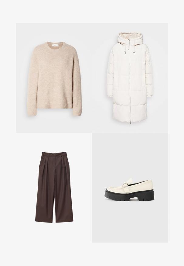 Hvid pufferjakke med hætte, med en frontlynlås, justerbare snore, elastiske manchetter og to sidelommer. Glat ydertekstur.; Beige strikket sweater med rund hals, lange ærmer og ribkant. Blødt, tekstureret stof med en afslappet pasform.; Brune højtaljede bukser med vide ben, forreste læg, bæltestropper og skjult frontlukning.; Hvide læder loafers med en kraftig sort platformsål, der har en rektangulær sølvspænde og synlige syninger på overdelen.