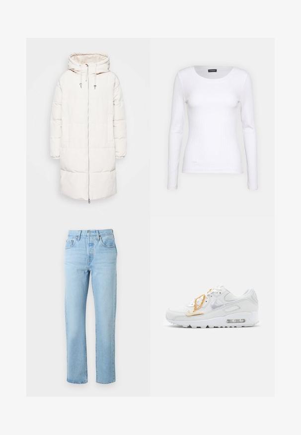 Manteau doudoune blanc avec capuche, doté d'une fermeture éclair à l'avant, de cordons de serrage réglables, de poignets élastiques et de deux poches latérales. Texture extérieure lisse.; T-shirt à manches longues blanc côtelé avec un col rond. Fabriqué en un tissu extensible qui épouse le corps. Présente de fines lignes horizontales.; Jean bleu clair taille haute, jambe droite, avec poches avant et arrière, passants de ceinture et fermeture à bouton.; Nike Sportswear AIR MAX 90 - Baskets basses - summit white/dark beetroot/white/metalic gold