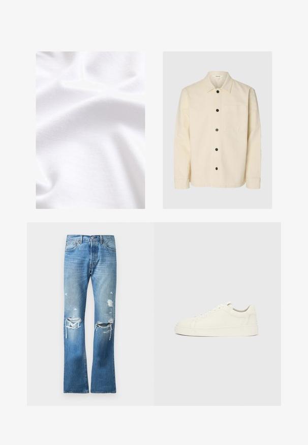 Camisa de manga larga color crema con cuello, botones negros en la parte delantera y un bolsillo en el pecho en el lado izquierdo.; Tela de algodón blanca con una textura suave, que presenta pliegues y arrugas sutiles, destacando su naturaleza suave y ligera.; Jeans de mezclilla azules de pierna recta con un lavado descolorido y múltiples desgastes en ambas rodillas y muslos superiores.; Zapatilla blanca de cuero de corte bajo con cierre de cordones y suela plana sobre fondo gris claro liso, vista lateral.
