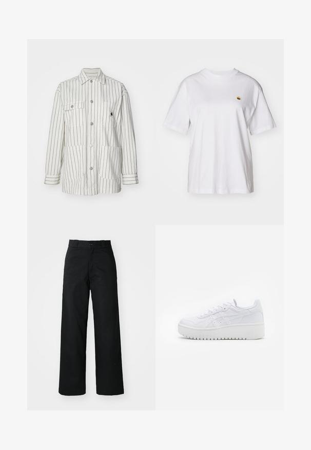 Veste rayée blanche avec un devant à boutons, deux grandes poches avant, des manches longues et un col. Fabriquée en tissu durable.; T-shirt en coton blanc avec une coupe décontractée, des manches courtes et un petit logo brodé sur la poitrine gauche.; Pantalons larges noirs avec un devant plat, une fermeture à bouton et des passants de ceinture. Fabriqués en tissu durable avec une texture lisse.; Baskets plateformes blanches avec une texture en cuir lisse, des détails perforés et des lacets plats ; dotées d'une épaisse semelle en caoutchouc blanc.