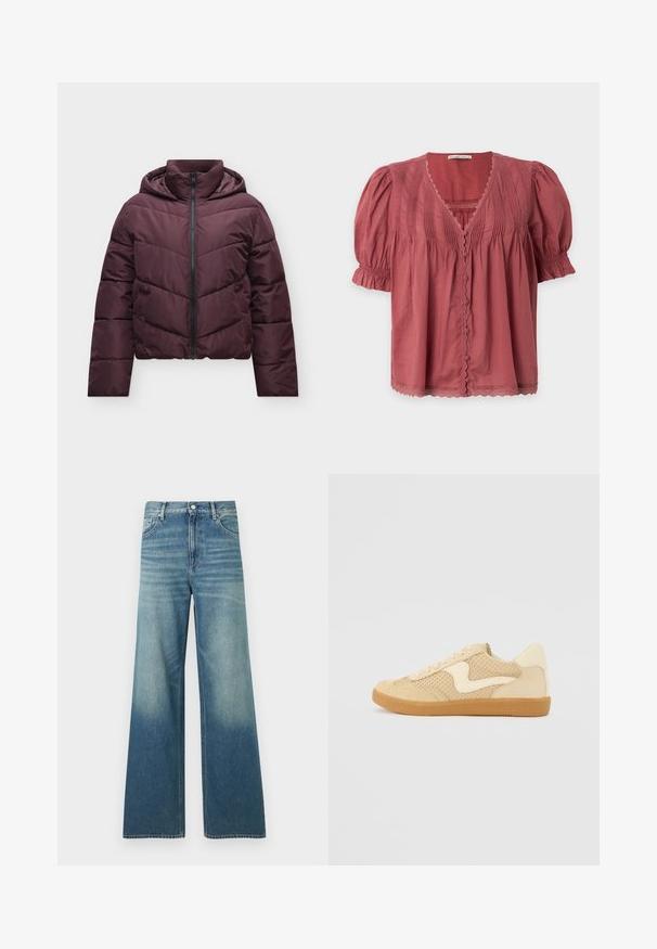Veste matelassée violet foncé avec capuche, fermeture éclair complète à l'avant, manches longues et poches latérales, présentée sur un fond clair uni.; Blouse rose poudré à manches courtes avec détails de nervures, boutons recouverts de tissu devant, bords festonnés et manches bouffantes à poignets élastiques.; Jean en denim bleu taille haute avec une coupe large, poches avant, fermeture par boutons et détails délavés sur les cuisses et le bas des jambes.; Sneaker beige avec des matériaux en daim et en maille, forme arrondie, col rembourré proéminent et semelle en caoutchouc gomme. Présente un accent de design en forme de vague.