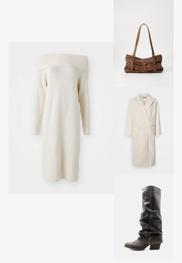Manteau en laine blanc croisé avec revers, deux poches avant et tissu texturé. Dispose de six boutons et de manches courtes.; Robe en tricot crème décolletée avec des manches longues, un col côtelé et une texture douce, présentant une coupe droite et une longueur au genou.; Botte haute en cuir noir décontractée avec des accents marron, bout pointu et talon empilé sur fond blanc uni.; Even&Odd by Zalando Sac à main - brown