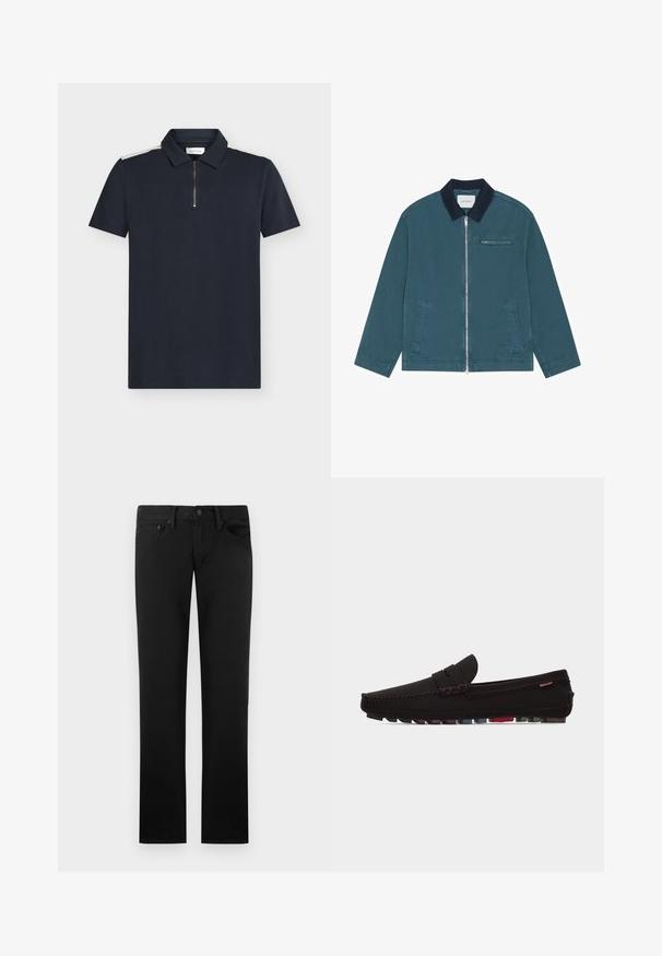 Veste zippée bleu sarcelle avec col noir, deux poches avant, une poche poitrine zippée et manches longues, posée à plat sans arrière-plan.; Polo bleu marine à manches courtes, tissu texturé, col zippé et détails contrastants blancs sur les épaules.; Jeans noirs à jambes droites avec cinq poches, passants pour ceinture et une fermeture à bouton à la taille, présentés sur un fond uni.; Mocassin noir à enfiler avec dessus cousu, lanière style penny et semelles en caoutchouc multicolores antidérapantes, présenté de profil sur fond blanc.