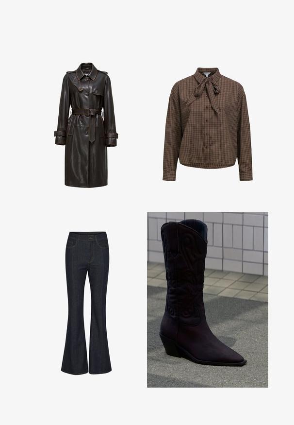 Brun læder trenchcoat med bælte i taljen, dobbeltknap-design, stor krave og kontrasterende syninger på ærmer og detaljer.; Brun ternet bluse med knapper, lange ærmer og sløjfedetalje ved kraven.; Mørkeblå flagrende jeans lavet af denim. Har frontlommer, synlige sømme og en knaplukning i taljen. Glat tekstur.; Mørkebrun læder cowboystøvle med dekorative syninger, spids snude og skråt anbragt hæl, stående på fortov nær flisebelagt væg.