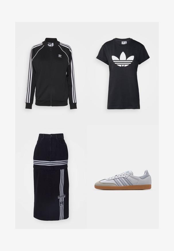 Chaqueta de chándal negra con cremallera, hecha de una tela suave y con acentos de tres rayas blancas en las mangas y un logo bordado en el pecho.; Camiseta de algodón negra con mangas cortas enrolladas y un gran logo blanco de Adidas con el trébol, acompañado de tres franjas horizontales debajo.; Falda de mezclilla negra con cintura alta, que presenta dos rayas horizontales blancas, una etiqueta con el logo de Adidas en el lateral y un diseño de corte recto.; Zapatillas de cuero blanco con acentos en azul claro, puntera de ante gris y suela de goma marrón. Presentan tres rayas azules y la marca "Samba".