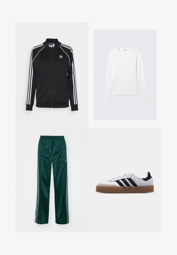Zwarte zip-up trainingsjack gemaakt van gladde stof met witte drie-strepen accenten op de mouwen en een geborduurd logo op de borst.; Effen wit shirt met lange mouwen en ronde hals, slim fit, afgebeeld tegen een lichtgrijze achtergrond.; Donkergroene sportbroeken van glanzend materiaal, met zijstrepens in lichtgrijs en een geborduurd logo op het linkerbeen.; Witte leren sneakers met zwarte strepen, gumrubberen buitenzool, ronde neus, vetersluiting en een zachte grijze suède neuskap.
