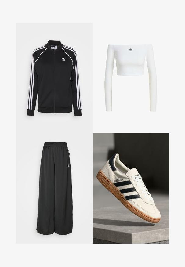 Zwarte zip-up trainingsjack gemaakt van gladde stof met witte drie-strepen accenten op de mouwen en een geborduurd logo op de borst.; Witte off-shoulder crop top van ribstof, met lange mouwen en een klein zwart Adidas-logo aan de voorkant.; Zwarte, loszittende trainingsbroek van gladde stof. Voorzien van een elastische tailleband en zijstrepen met logo-accenten.; Witte suède sneakers met marineblauwe strepen, rubberen gumzool, gestructureerde bovenkant, ronde neus en veters; heeft branding aan de zijkant en op de tong.