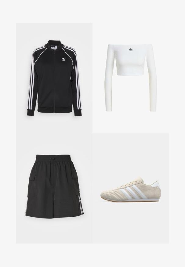 Čierna športová bunda na zips vyrobená z hladkej tkaniny, s bielymi trojpruhovými akcentmi na rukávoch a vyšitým logom na hrudi.; Biela crop top s odhalenými ramenami z rebrovaného materiálu, s dlhými rukávmi a malým čiernym logom Adidas na prednej strane.; Čierne cargo šortky vyrobené z ľahkého materiálu, s elastickým pásom, sťahovaním na šnúrku, bočnými vreckami a bielymi bočnými pruhmi.; Svetlo béžová semišová obuv s okrúhlou špičkou, bielym dizajnom so tromi pruhmi a gumovou podrážkou. Obsahuje šitie a nízky profil.