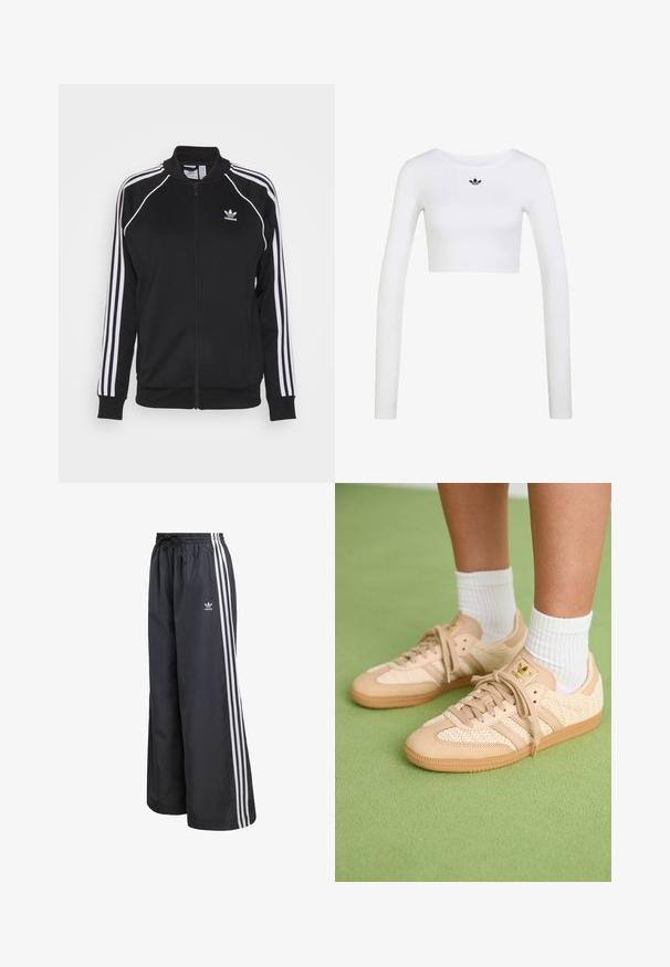 Schwarze Zip-Jacke aus glattem Material mit weißen drei Streifen an den Ärmeln und einem gestickten Logo auf der Brust.; Weißes langärmliges Crop-Top mit Rundhalsausschnitt und kleinem schwarzem Adidas-Logo, zentriert unter dem Halsausschnitt.; Schwarze Sporthose aus leichtem Material, mit drei weißen vertikalen Streifen und einem elastischen Bund mit Kordelzug.; Füße in beigen, gewebten Adidas-Sneakern mit Gummisohlen und weißen Knöchelsocken auf grüner texturierter Fläche.