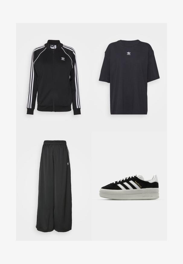 Schwarze Zip-Jacke aus glattem Material mit weißen drei Streifen an den Ärmeln und einem gestickten Logo auf der Brust.; Schwarzes Baumwoll-T-Shirt mit kurzen Ärmeln, rundem Halsausschnitt, mit einem weißen Adidas-Logo auf der Brust. Einfaches Design, lockere Passform.; Schwarze, locker sitzende Jogginghosen aus glattem Material. Mit elastischem Bund und seitlichen Streifen mit Logo-Akzenten.; Schwarze Wildleder-Sneaker mit weißen Lederakzenten, drei weißen Streifen, flachen Schnürsenkeln und einer dicken grauen Plateausohle. Goldenes "Gazelle"-Branding.