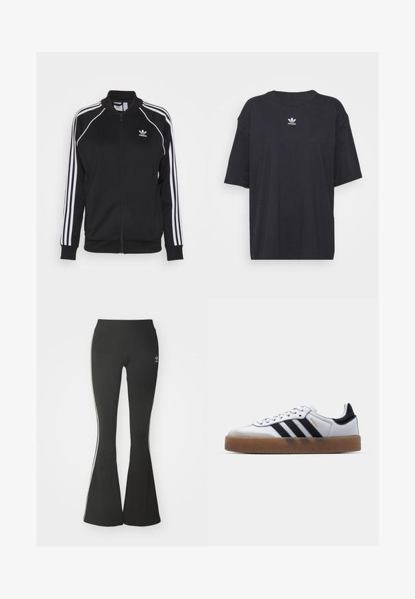 Sort zip-up træningsjakke lavet af glat stof med hvide tre-stribe detaljer på ærmerne og et broderet logo på brystet.; Sort bomulds t-shirt med korte ærmer, rund halsudskæring, med et hvidt Adidas-logo på brystet. Enkel design, afslappet pasform.; Sorte flared leggings lavet af strækstof, med en høj talje og hvide sidestreger. Inkluderer lille logo ved taljen.; Hvide lædersneakers med sorte striber, gummirubber sål, rund tå, snørelukning og blød grå ruskinds tåhætte.