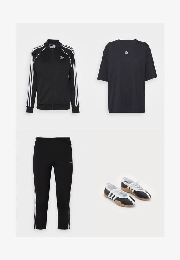 Sort zip-up træningsjakke lavet af glat stof med hvide tre-stribe detaljer på ærmerne og et broderet logo på brystet.; Sort bomulds t-shirt med korte ærmer, rund halsudskæring, med et hvidt Adidas-logo på brystet. Enkel design, afslappet pasform.; Sorte korte leggings med hvide tre-stribede sidelommer og lille Adidas trefoil-logo på venstre lår.; Sort-hvide sportsko med et slankt design, gummisål, snørebåndslukning og tre hvide striber på siden.