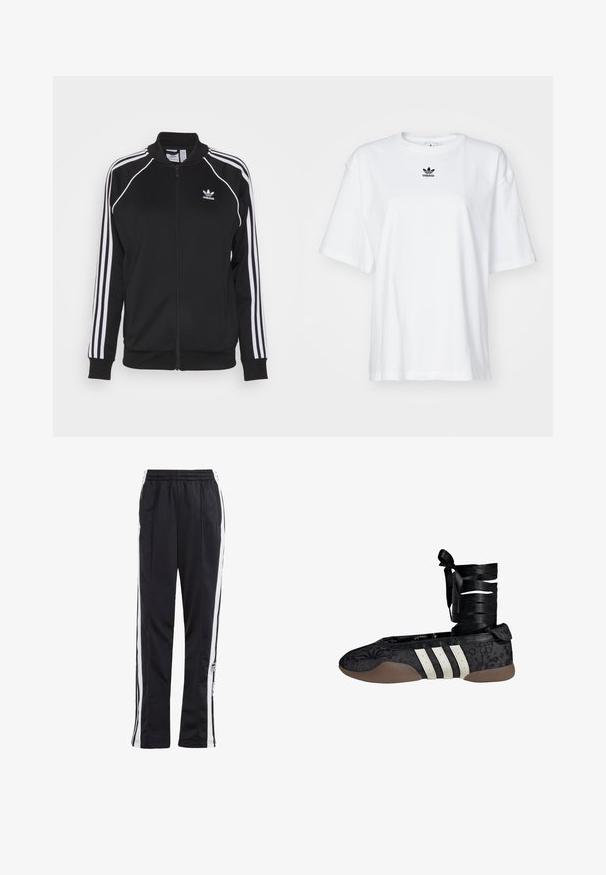 Veste de survêtement zippée noire en tissu lisse, avec des accents de trois rayures blanches sur les manches et un logo brodé sur la poitrine.; T-shirt blanc à manches courtes en coton. Avec un col rond et un petit logo Adidas noir sur la poitrine. Ourlet droit.; Pantalons de jogging noirs avec des rayures latérales blanches, taille élastique et un patch logo. Fabriqués en tissu lisse et léger. Design à jambe droite.; Ballerine noire avec motif floral, design à trois bandes blanches, et un lien en tissu autour de la cheville. Matériau texturé et semelle souple marron.