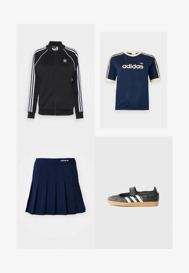 Čierna športová bunda na zips vyrobená z hladkej tkaniny, s bielymi trojpruhovými akcentmi na rukávoch a vyšitým logom na hrudi.; Tmavomodré Adidas sieťované tričko s krátkym rukávom s krémovým lemom, troma krémovými pruhmi na rukávoch a logom Adidas na hrudi.; Námornícky skládací sukňa vyrobená z ľahkého materiálu; má elastický pás a malú zipsovú kapsu, s bielym logom Adidas vpredu.; Čierne kožené a zamšové tenisky s Velcro pásikom, s tromi bielymi pruhmi a gumenou podrážkou, označené nápisom "SAMBA" na boku.