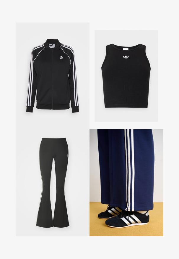 Sort zip-up træningsjakke lavet af glat stof med hvide tre-stribe detaljer på ærmerne og et broderet logo på brystet.; Sort ribbet ærmeløs crop top med rund halsudskæring og lille hvid Adidas trefoil-logo centreret nær kraven.; Sorte flared leggings lavet af strækstof, med en høj talje og hvide sidestreger. Inkluderer lille logo ved taljen.; Mørkeblå træningsbukser med tre hvide lodrette striber og sorte sportssko med sølvstriber og en struktureret overflade. Gul gulv.