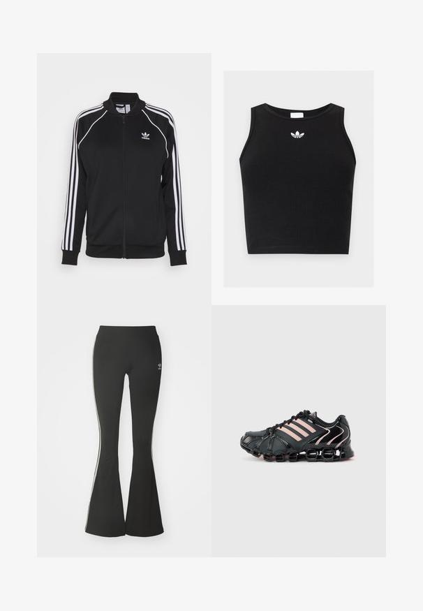 Sort zip-up træningsjakke lavet af glat stof med hvide tre-stribe detaljer på ærmerne og et broderet logo på brystet.; Sort ribbet ærmeløs crop top med rund halsudskæring og lille hvid Adidas trefoil-logo centreret nær kraven.; Sorte flared leggings lavet af strækstof, med en høj talje og hvide sidestreger. Inkluderer lille logo ved taljen.; Sort atletiksneaker med pink striber, segmenteret polstret sål og snørebånd på lys grå baggrund.