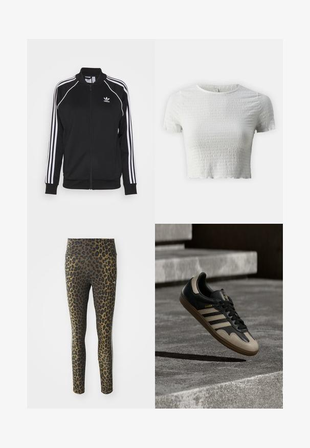 Schwarze Zip-Jacke aus glattem Material mit weißen drei Streifen an den Ärmeln und einem gestickten Logo auf der Brust.; ONLY Petite ONLNADIE - T-Shirt basic - cloud dancer; Leggings mit Leopardenmuster, ausgestattet mit einem hohen Bund, dehnbarem Stoff und schwarzen Akzenten auf einem hellbraunen Grund, konzipiert für Komfort und guten Sitz.; Schwarzer und beiger Ledersneaker mit drei weißen Streifen, tannengrüner Gummisohle und goldener "Samba"-Detailierung an der Seite.