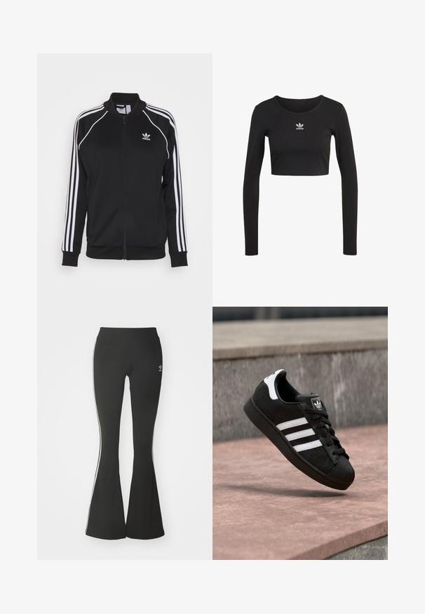 Schwarze Zip-Jacke aus glattem Material mit weißen drei Streifen an den Ärmeln und einem gestickten Logo auf der Brust.; Schwarzes Langarm-Crop-Top aus Rippstoff mit Rundhalsausschnitt; verfügt über ein zentriertes weißes Adidas-Logo auf der Brust.; Schwarze ausgestellte Leggings aus Stretchmaterial mit hohem Bund und weißen Seitenstreifen. Inklusive kleinem Logo am Bund.; Schwarzer Adidas-Turnschuh mit weißen Streifen und Fersenlasche, in der Luft schwebend über einer rosa Steinfäche und einem grauen Betonhintergrund aufgenommen.