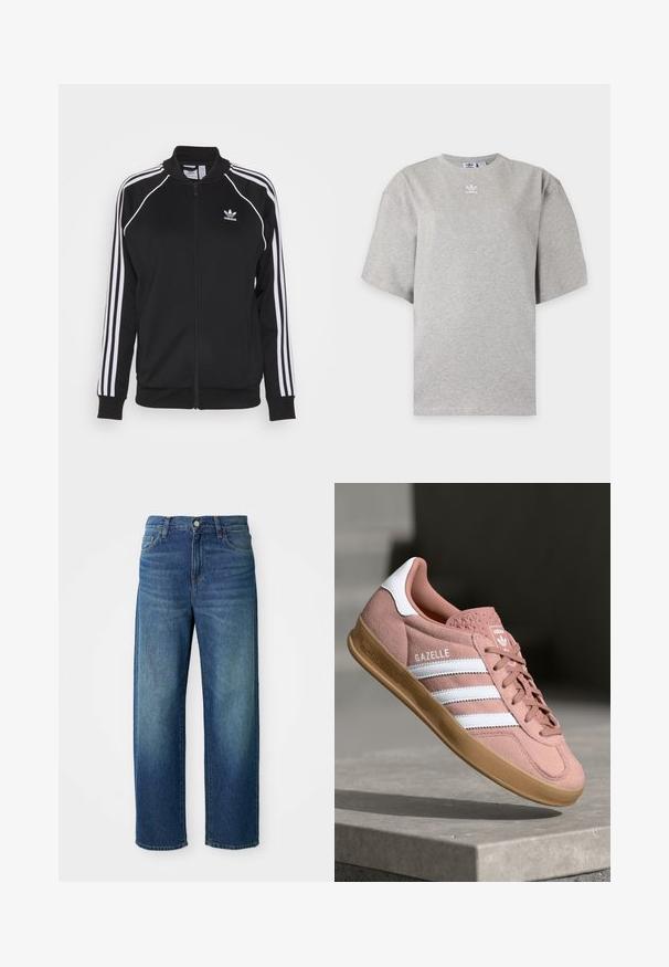 Chaqueta de chándal negra con cremallera, hecha de una tela suave y con acentos de tres rayas blancas en las mangas y un logo bordado en el pecho.; Camiseta Adidas de manga corta color gris claro con cuello redondo y pequeño logo blanco de Adidas en el pecho, mostrada sobre un fondo liso.; Vaqueros de mezclilla azul, diseño de pierna ancha, cintura de medio tiro, desgaste sutil, estilo de cinco bolsillos, con cierre de botón y cremallera, dobladillo recto.; Zapatilla de ante rosa con rayas blancas, suela de goma, upper texturizado y logo en la lengua. Diseño clásico de corte bajo.