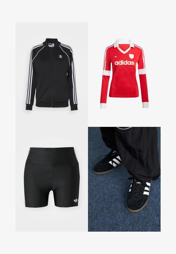 Chaqueta de chándal negra con cremallera, hecha de una tela suave y con acentos de tres rayas blancas en las mangas y un logo bordado en el pecho.; Camiseta de fútbol de manga larga roja con un cuello y puños blancos. Presenta tres rayas blancas en los hombros y el logotipo de "adidas" en un lugar destacado.; Pantalones cortos deportivos negros en una tela elástica con una cintura alta. Presentan franjas laterales blancas y un pequeño logo blanco en el dobladillo.; Zapatillas deportivas de ante negro con tres rayas blancas y cordones negros. Un pantalón negro texturizado es parcialmente visible al lado de las zapatillas.