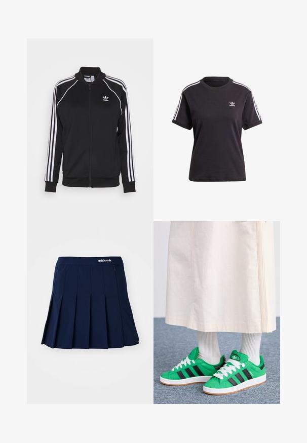 Zwarte zip-up trainingsjack gemaakt van gladde stof met witte drie-strepen accenten op de mouwen en een geborduurd logo op de borst.; Zwart katoenen t-shirt met korte mouwen en ronde hals, met witte strepen op de schouders en een klein wit Adidas-logo op de borst.; Marineblauwe plooienrok van lichtgewicht stof; heeft een elastische tailleband en een klein zipvak, met een wit Adidas-logo op de voorkant.; Groene suède sneakers met witte veters, zwarte strepen en een logo op de tong. Gecombineerd met geribde witte sokken en een lichtgekleurde rok.