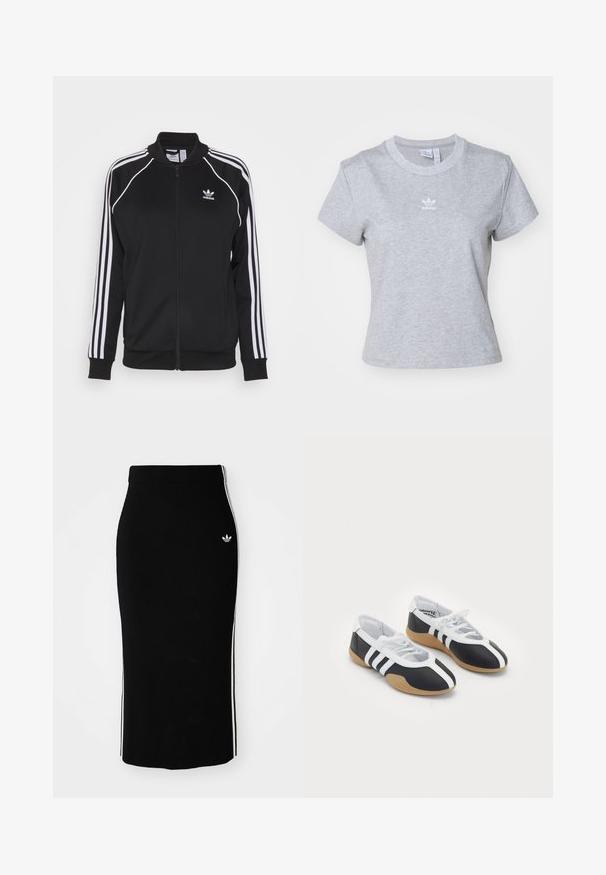 Chaqueta de chándal negra con cremallera, hecha de una tela suave y con acentos de tres rayas blancas en las mangas y un logo bordado en el pecho.; adidas Originals ESS SLIM TEE - Camiseta básica - medium grey heather; Falda midi negra con diseño ajustado, que presenta franjas laterales blancas y un pequeño emblema blanco en el lado izquierdo.; Zapatillas deportivas en blanco y negro con un diseño elegante, suela de goma, cierre de cordones y tres franjas blancas en los lados.