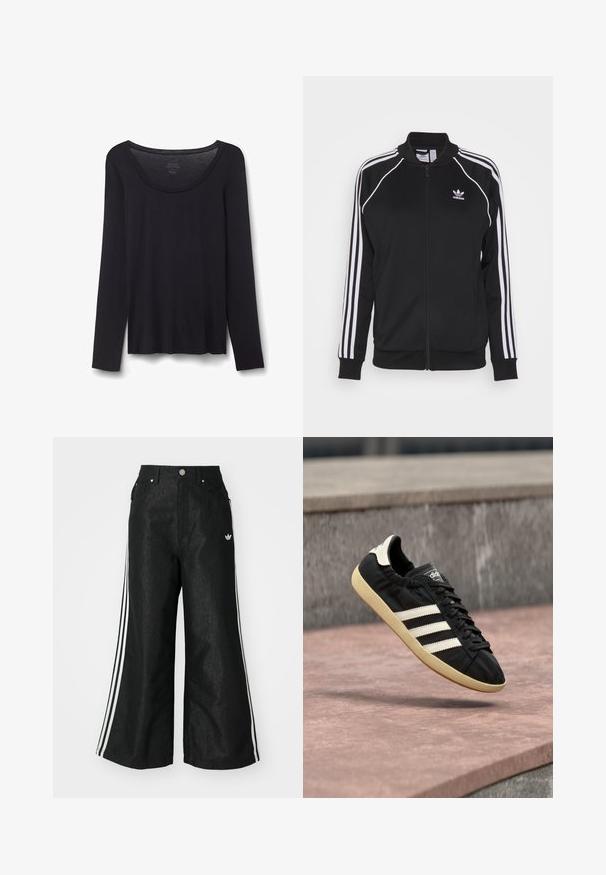 Chaqueta de chándal negra con cremallera, hecha de una tela suave y con acentos de tres rayas blancas en las mangas y un logo bordado en el pecho.; Camisa negra ligera de algodón con mangas largas y cuello redondo, talla pequeña, extendida sobre fondo blanco.; Pantalones de denim anchos y negros con tres franjas blancas en cada lado y un pequeño logo blanco. Cuenta con bolsillos frontales y un cierre de botón.; Zapatilla negra Adidas con rayas blancas y suela beige, capturada en el aire sobre una superficie de piedra y con fondo de muro de piedra.