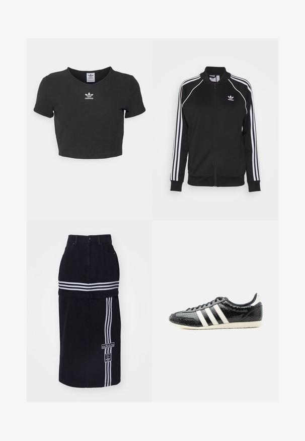 Zwarte zip-up trainingsjack gemaakt van gladde stof met witte drie-strepen accenten op de mouwen en een geborduurd logo op de borst.; Zwart cropped t-shirt van katoen, met een ronde hals en korte mouwen. In het midden bevindt zich een witte geborduurde Adidas-logo.; Zwarte spijkerrok met een hoge taille, voorzien van twee witte horizontale strepen, een Adidas logo tag aan de zijkant en een recht gesneden ontwerp.; Zwarte lage sneaker met witte strepen en een getextureerd, glanzend oppervlak, witte zool en zwarte veters, zijaanzicht op witte achtergrond.
