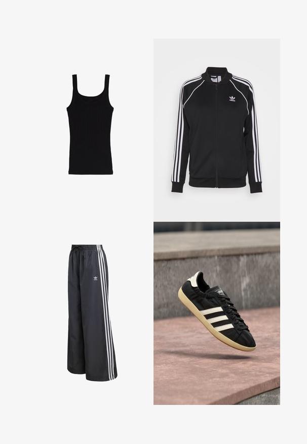 Sort zip-up træningsjakke lavet af glat stof med hvide tre-stribe detaljer på ærmerne og et broderet logo på brystet.; Sort ærmeløs ribbet tanktop med brede stropper og rund halsudskæring på en hvid baggrund.; Sorte atletikbukser lavet af letvægtsmateriale, med tre hvide lodrette striber og en elastisk talje med snøre.; Sort Adidas sneaker med hvide striber og beige sål, fanget i luften over en stenet overflade og baggrund af en stenmur.