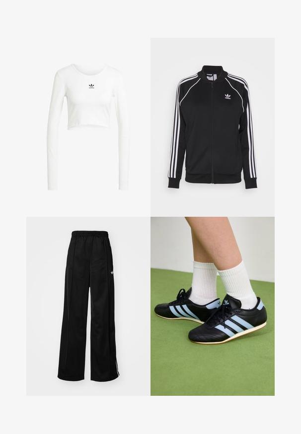 Sort zip-up træningsjakke lavet af glat stof med hvide tre-stribe detaljer på ærmerne og et broderet logo på brystet.; Hvid cropped langærmet skjorte lavet af ribbet bomuld. Har rund hals og lille sort Adidas-logo på brystet.; Sorte brede træningsbukser med elastisk talje, prydet med hvide side-striber og et lille logo på venstre hofte. Glat stofstruktur.; Sorte lædersportssko med lyseblå striber, teksturerede overdele og gummisko, parret med hvidt ribbet sokker på grønne gulve.