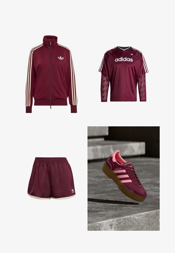 Veste de survêtement bordeaux à fermeture éclaire intégrale avec trois bandes blanches sur les manches et le logo trèfle Adidas sur la poitrine gauche.; Chemise à manches longues Adidas couleur marron avec manches en mesh, logo blanc et rayures sur les épaules, col noir et blanc, vue de face.; adidas Originals SPRINTER - Short - maroon cream white; Baskets en daim bordeaux avec des accents roses, présentant trois bandes, une semelle en gomme texturée et un embout renforcé. Design épuré, profil bas.