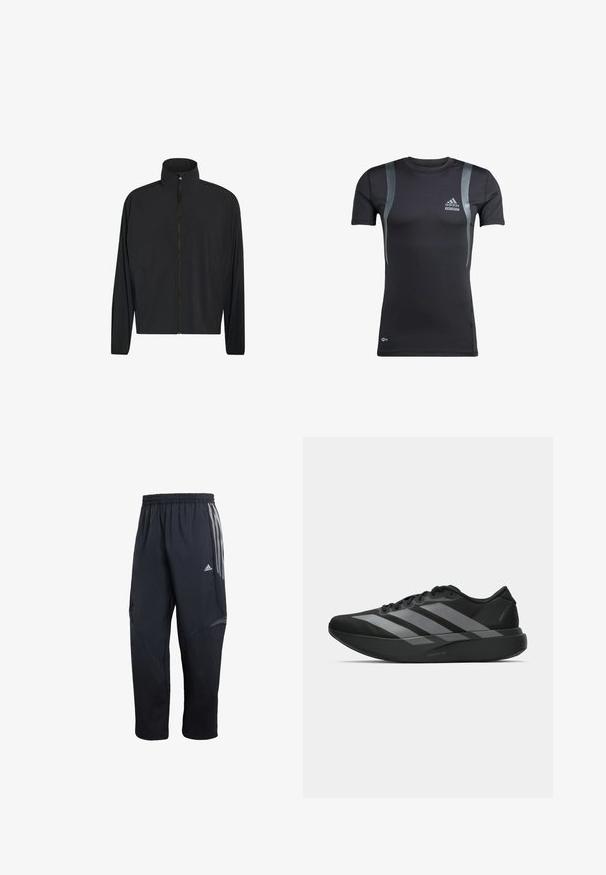 Zwarte jas met rits, opstaande kraag en lange mouwen, met voorzakken en een glad, minimalistisch ontwerp.; Zwart sportshirt met korte mouwen en grijze accenten, gemaakt van rekbare stof. Bevat een Adidas-logo op de linkerborst en Techfit-branding.; Zwarte sportbroeken met elastische tailleband, voorzien van grijze zijkanten, een gestructureerd paneel en een taps toelopend ontwerp.; Zwarte sportieve schoenen met een lichtgewicht ontwerp, voorzien van drie opvallende grijze strepen, een gladde textuur en een gevormde zool.