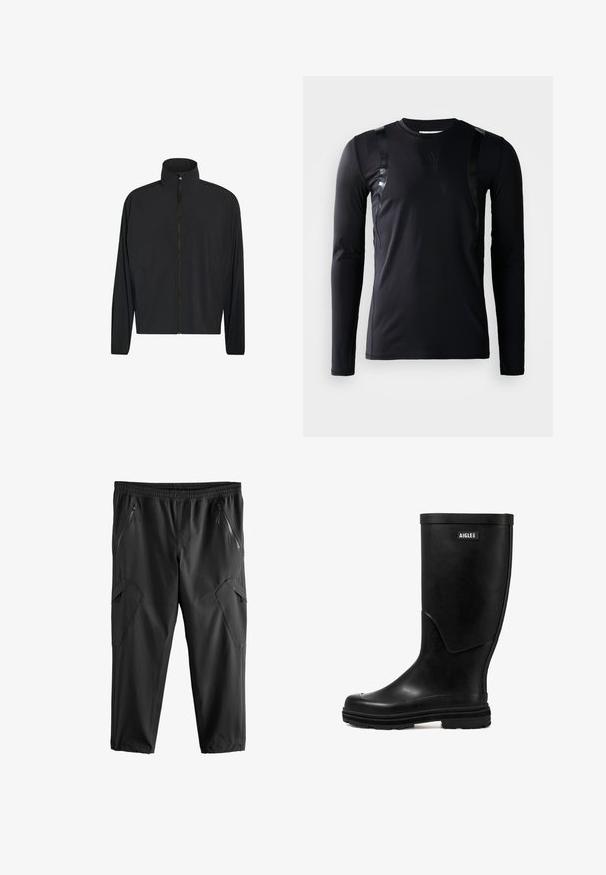 Schwarze Jacke mit Reißverschluss, Stehkragen und langen Ärmeln, mit Fronttaschen und einem glatten, minimalistischen Design.; Schwarzes, langärmliges Sportshirt aus glattem, dehnbarem Stoff. Verfügt über glänzende schwarze Akzente an den Schultern und ein Adidas-Logo auf der Brust.; Schwarze, kurz geschnittene Hose mit einem elastischen Bund, zwei seitlichen Reißverschlusstaschen und kantigen Seitendetails. Hergestellt aus leichtem, glattem Stoff.; Schwarzer Gummi-Regenstiefel mit glatter Textur, runder Zehenform und einem Logo-Patch. Verfügt über eine mittelhohe Schafthöhe und eine strukturierte Sohle für besseren Halt.