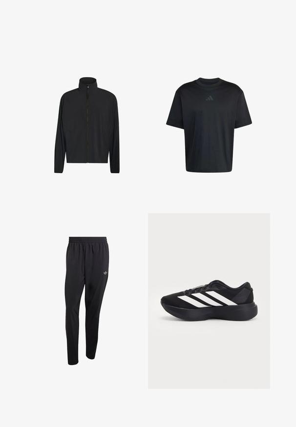 Chaqueta negra con cremallera, cuello mao y mangas largas, con bolsillos delanteros y un diseño suave y minimalista.; Camiseta negra de manga corta con cuello redondo y un logo sutil de Adidas en gris oscuro centrado en el pecho.; Pantalones deportivos negros hechos de material ligero, con una cintura elástica y un pequeño logo en relieve en la parte superior del muslo izquierdo.; Zapatilla de correr negra con suela gruesa y tres rayas diagonales blancas en el lateral, vista desde el lado exterior.