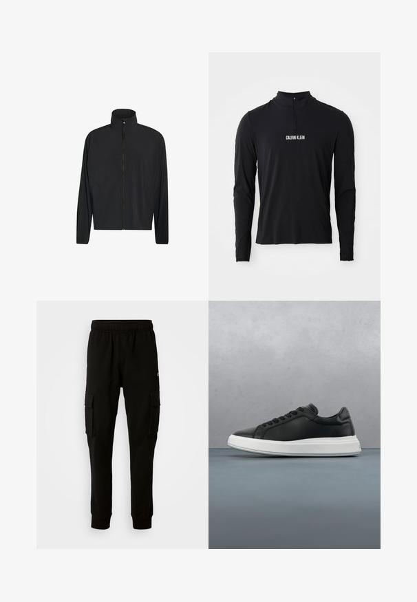 Schwarze Jacke mit Reißverschluss, Stehkragen und langen Ärmeln, mit Fronttaschen und einem glatten, minimalistischen Design.; Schwarzes Langarmoberteil mit hohem Kragen, ausgestattet mit einem Viertel-Reißverschluss und weißem "CALVIN KLEIN" Logo auf der Vorderseite. Glatter, elastischer Stoff.; Schwarze Cargo-Hosen aus Baumwollmischung mit elastischem Bund, zwei seitlichen Taschen und umgeschlagenen Säumen für eine taillierte Passform.; Schwarze Ledersneaker mit glatter Oberfläche, weißer Gummisohle, rundem Design, sechs Ösen für die Schnürsenkel und dezentem Branding an der Ferse.