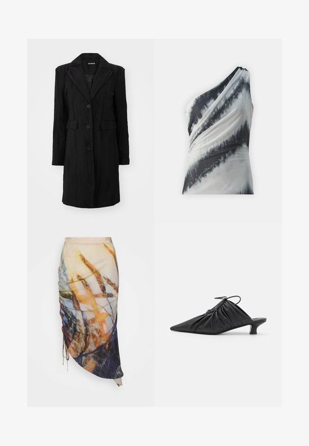 Abrigo largo negro con solapa de muesca, cierre de tres botones, dos bolsillos frontales y una tela texturizada con líneas verticales.; Top asimétrico de un solo hombro en un patrón de tie-dye en blanco y negro, hecho de una tela suave con detalles drapeados y textura suave.; Materiel DIAGONAL GATHERED SKIRT - Falda de tubo - golden hour; Mules negros de cuero sin hebillas con punta afilada, textura recogida y un pequeño tacón de gato. Presentan un detalle de cordón en la abertura.