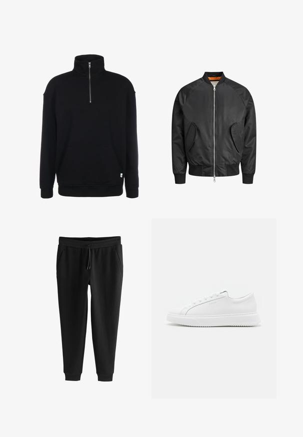 Zwarte bomberjack met raglanmouwen, twee voorzakken, geribde manchetten en een zilveren rits. Voering van feloranje stof.; Zwarte sweatshirt met rits en lange mouwen, zachte textuur, een voorzak en een klein groen logo aan de onderrand.; Zwarte taps toelopende joggingbroek met elastische tailleband, trekkoord, zijzakken en omgeslagen enkels, plat uitgespreid op een witte achtergrond.; Witte sneakers van glad synthetisch materiaal. Voorzien van een low-top ontwerp, verhoogde witte zool, ronde neus en vetersluiting met vijf oogjes.