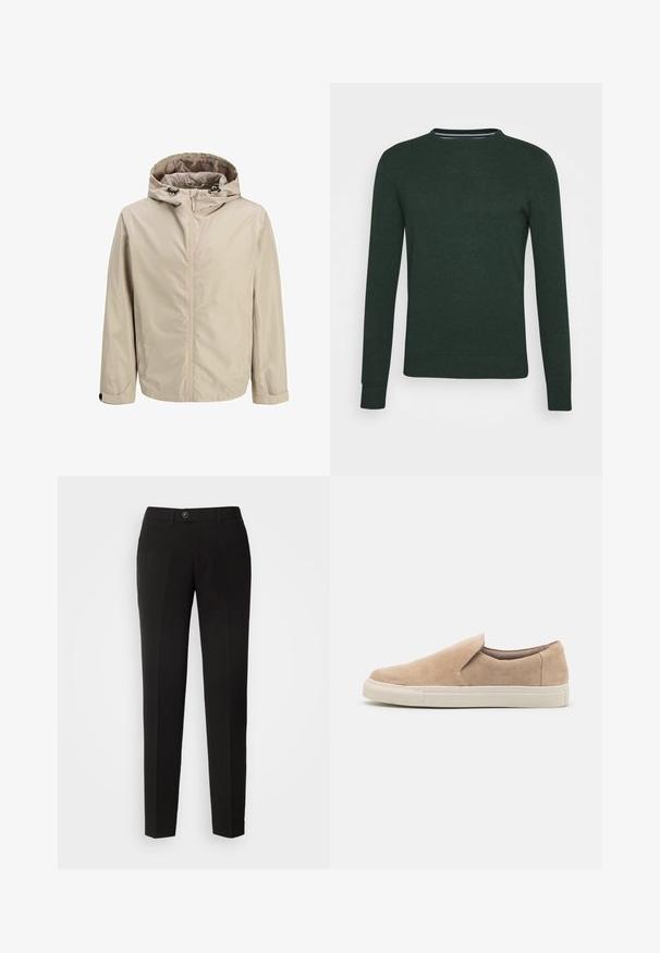 Chaqueta ligera beige con capucha, que incluye cierre delantero con cremallera, cordones ajustables y textura suave. Mangas largas y corte holgado.; Suéter de punto verde oscuro con cuello redondo, mangas largas y puños y dobladillo acanalados. Textura suave sin patrones o acentos visibles.; Pantalones rectos negros de tejido suave, con cierre de botón y bolsillos laterales con un diseño clásico.; Zapato sin cordones de color beige, hecho de ante, con punta redonda, laterales elásticos y suela de goma blanca con acentos texturizados.