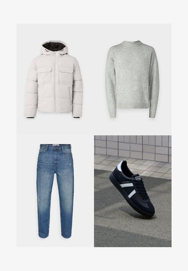 Lysegrå polstret vinterjakke med frontlynlås, to brystlommer med klap, sidelommer og hætte med sort inderfor.; Lys grå pullover sweater, strikket tekstur, rund hals, lange ærmer, ribbede kanter og manchetter, afslappet pasform, minimalistisk design.; Lyseblå denimjeans med en afslappet pasform. Har diskret falmning, slidte detaljer foran og en let slidtage ved nederste ben.; Sort lædersneaker med hvide striber, tekstureret gummisål og snørrebånd foran. Har et brandet mærke på tungen.