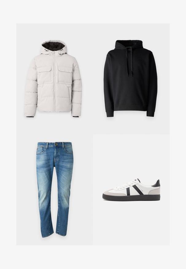 Hellgraue, gesteppte Winterjacke mit Frontreißverschluss, zwei Brustklappentaschen, Seitentaschen und Kapuze mit schwarzem Innenfutter.; Schwarzer Kapuzenpullover aus weichem Stoff, mit einer Kängurutasche, gerippten Bündchen und einem verstellbaren Zugband in der Kapuze.; Blaue ausgewaschene gerade Jeans mit fünf Taschen, Knopfverschluss und sichtbaren Nahtdetails auf der Vorderseite.; Weiße Sneaker mit schwarz- und grau-aczenten, ausgestattet mit einer strukturierten grauen Zehenkappe, schwarzer Gummi-Sohle und flachen weißen Schnürsenkeln. Sauberes Design, minimalistische Stil.