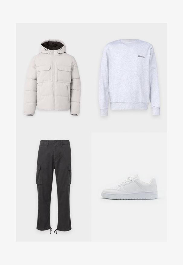 Hellgraue, gesteppte Winterjacke mit Frontreißverschluss, zwei Brustklappentaschen, Seitentaschen und Kapuze mit schwarzem Innenfutter.; Grauer sweatshirt aus Baumwollmischung, mit Rundhalsausschnitt, ausgestattet mit einem kleinen schwarzen "Club1990"-Text auf der linken Brustseite.; Schwarze Cargo-Hosen mit zwei Seitentaschen, verstellbaren Kordelzugbündchen, einem Knopfverschluss und einer glatten, strapazierfähigen Stoffoberfläche.; Weiße Sneaker aus glattem Synthetikmaterial, ausgestattet mit flachen Schnürsenkeln, perforierter Zehenpartie und einer gummierten Sohle mit einem strukturierten Grip-Muster.
