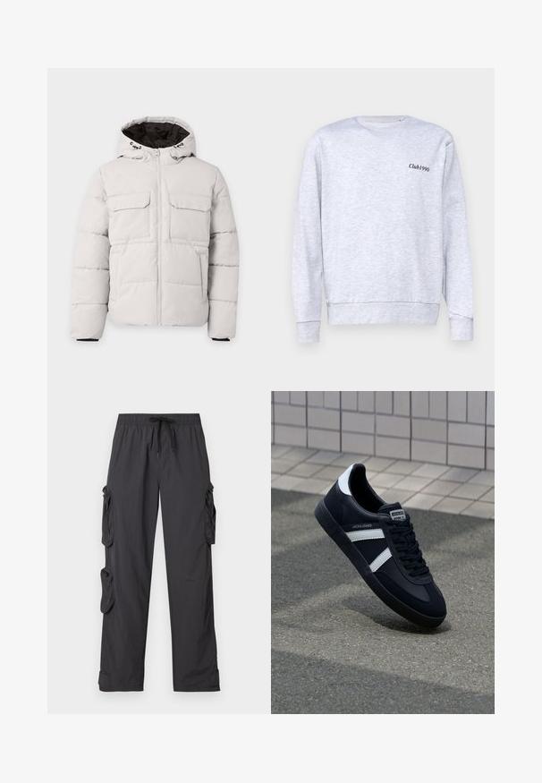 Lysegrå polstret vinterjakke med frontlynlås, to brystlommer med klap, sidelommer og hætte med sort inderfor.; Grå sweatshirt lavet af bomuldsblanding, med rund halsudskæring, der har en lille sort "Club1990" tekst på venstre brystområde.; Sorte cargo bukser lavet af letvægtsstof med elastisk talje, justerbar snor, flere sidelommer og afsluttede kanter.; Sort lædersneaker med hvide striber, tekstureret gummisål og snørrebånd foran. Har et brandet mærke på tungen.