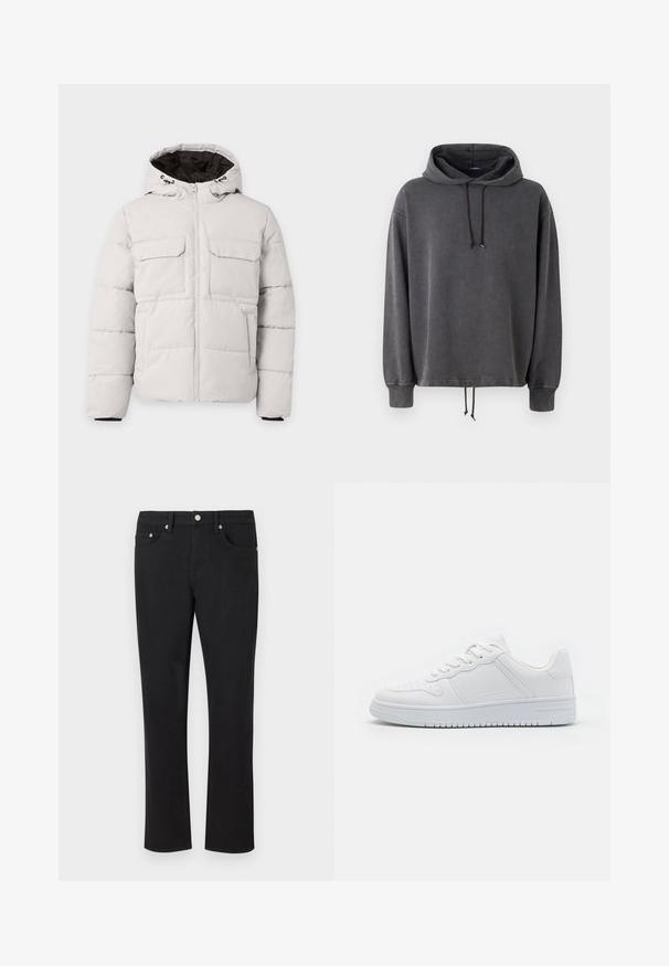 Veste d'hiver matelassée gris clair avec fermeture éclair à l'avant, deux poches poitrine à rabat, poches latérales et capuche avec doublure intérieure noire.; Hoodie gris en tissu doux, avec une capuche à cordon de serrage, des manches longues et un ourlet ajustable avec cordon. Texture lisse et coupe décontractée.; Jean en denim noir avec une coupe droite, comportant cinq poches et des accessoires en métal argenté, avec une texture lisse. Sans motifs ni accents.; Baskets blanches en matière synthétique lisse, avec des lacets plats, une pointe perforée et une semelle en caoutchouc dotée d'un motif de grip texturé.