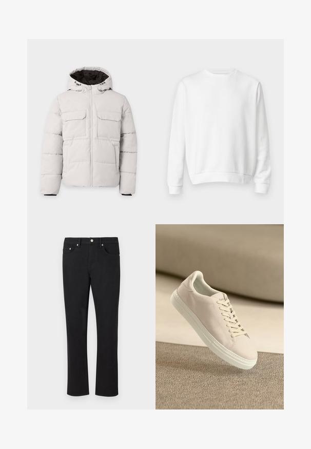 Lichtgrijze gewatteerde winterjas met rits aan de voorkant, twee borstzakken met klep, zijzakken en capuchon met zwarte voering.; Witte crewneck sweatshirt gemaakt van zacht katoen. Lange mouwen, ribgebreide manchetten en zoom, gladde textuur en minimalistisch ontwerp.; Zwarte denim jeans met een recht model, voorzien van vijf zakken en zilveren hardware met een gladde textuur. Geen patronen of accenten.; Beige suède sneaker met een witte zool en veters, zwevend boven een gestructureerd beige tapijt tegen een zachte beige achtergrond.