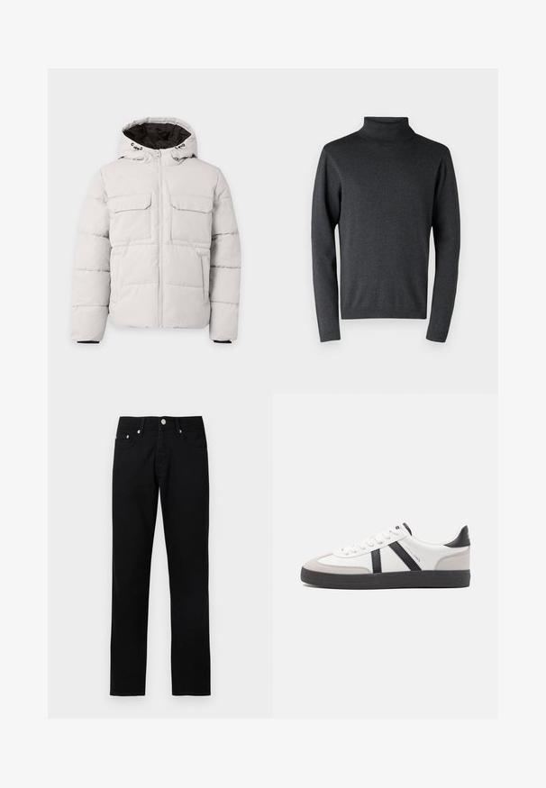 Hellgraue, gesteppte Winterjacke mit Frontreißverschluss, zwei Brustklappentaschen, Seitentaschen und Kapuze mit schwarzem Innenfutter.; Dunkelgrauer Rollkragenpullover aus weichem Material, mit langen Ärmeln sowie gerippten Bündchen und Saum, mit einer glatten, gleichmäßigen Textur.; Schwarze Jeans mit geradem Bein, vorderer Knopfleiste, Reißverschluss, Gürtelschlaufen und fünf Taschen auf hellgrauem Hintergrund.; Weiße Sneaker mit schwarz- und grau-aczenten, ausgestattet mit einer strukturierten grauen Zehenkappe, schwarzer Gummi-Sohle und flachen weißen Schnürsenkeln. Sauberes Design, minimalistische Stil.